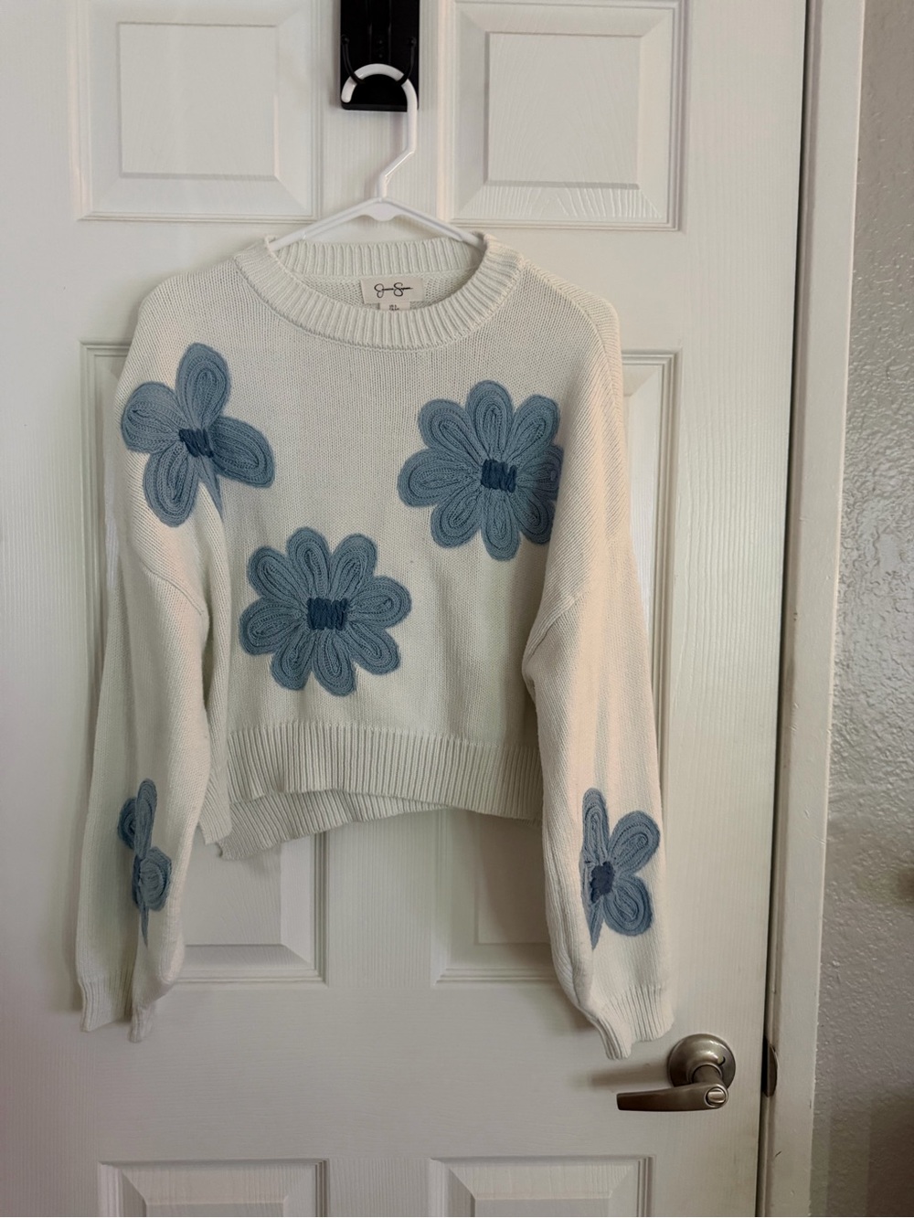 Jessica Simpson Cream Crewneck Sweater with Blue Floral Appliqués